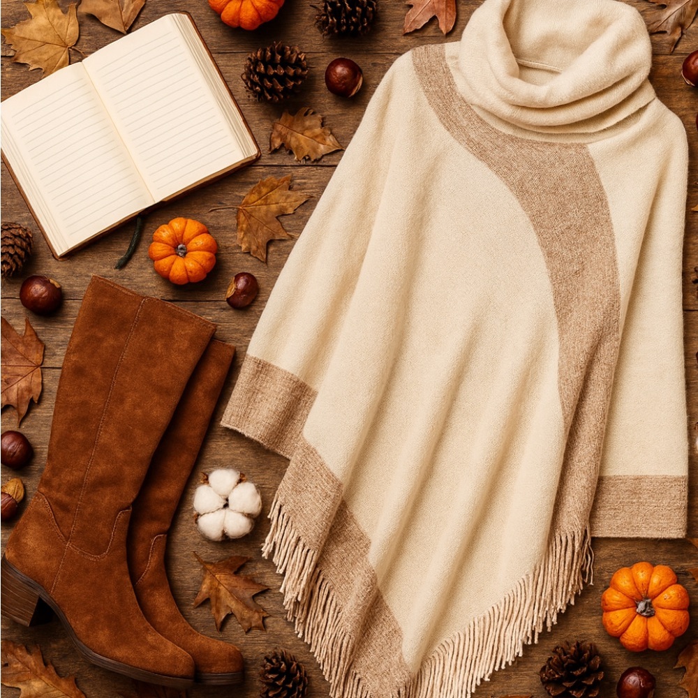 Anthropologie Cream & Tan Fringe Turtleneck Poncho